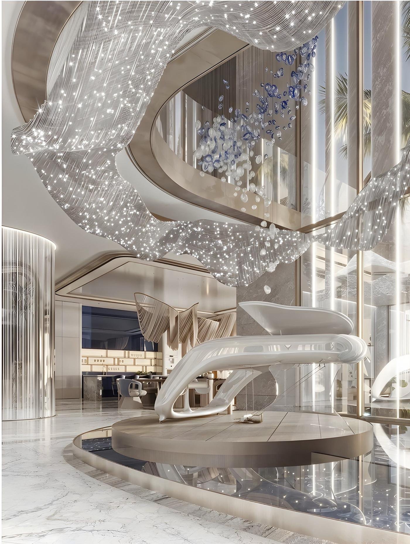 A double-height living room with a sculptural crystal chandelier, a white grand piano on a round platform and a marble floor