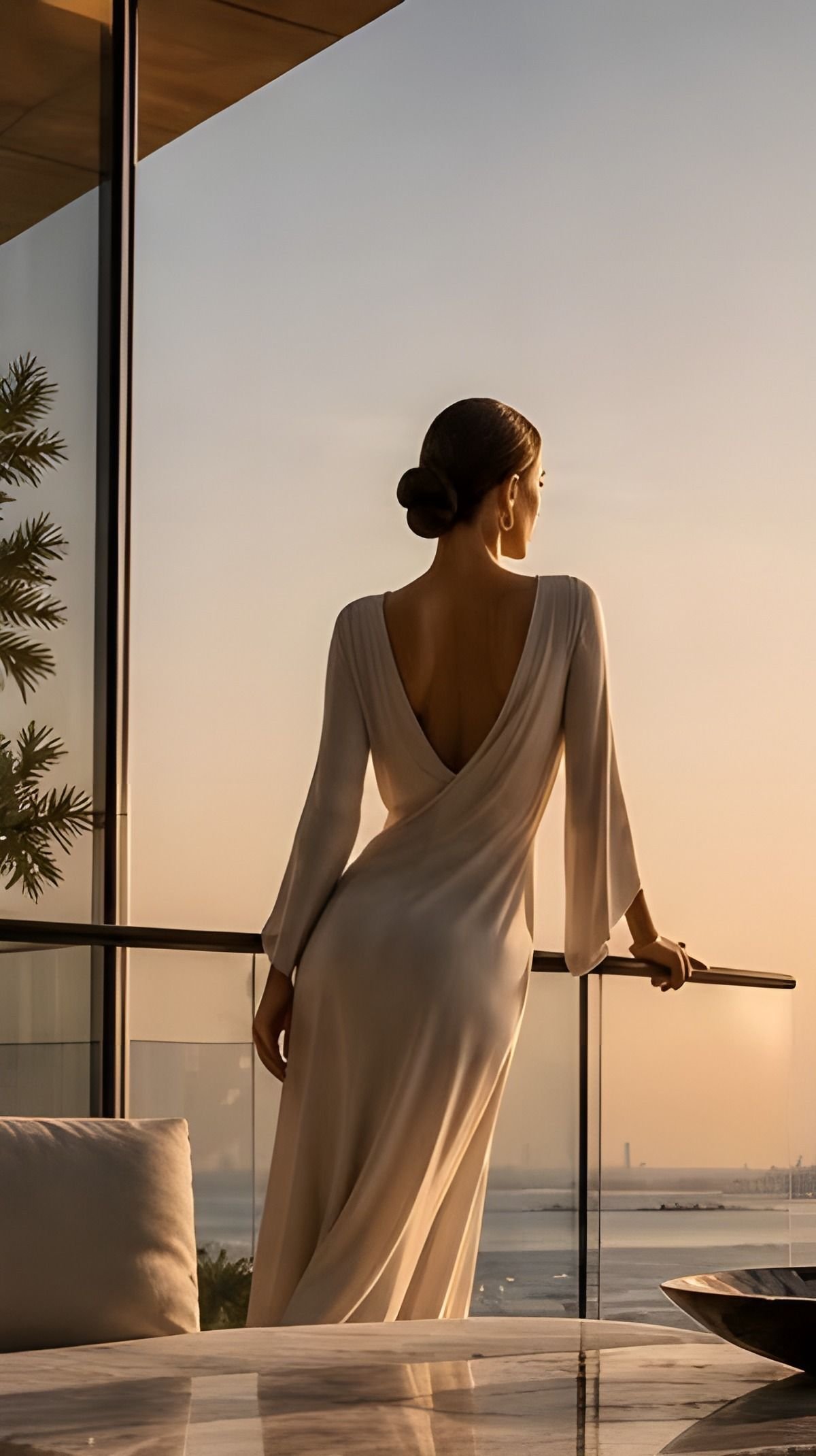 A woman on a terrace looking over the water toward the Dubai skyline at sunset